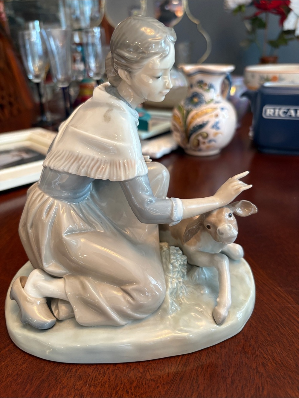 Porcelain Girl and Lamb Sculpture in Soft Gray and Cream